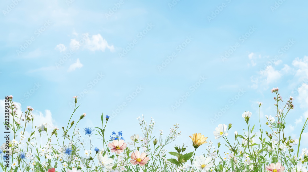 Fototapeta premium Serene meadow with pastel wildflowers under bright blue sky creates peaceful atmosphere