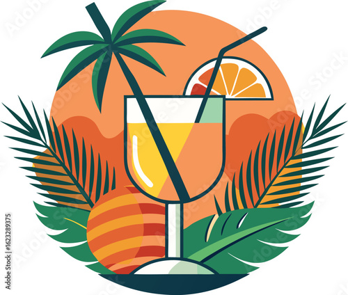 Tropical cocktail illustration featuring palm trees and orange slice against a sunset