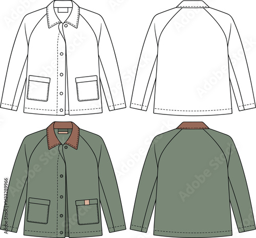 Minimal chore jacket technical flat – raglan sleeve, patch pockets, contrast collar, utility coat CAD drawing, front back views