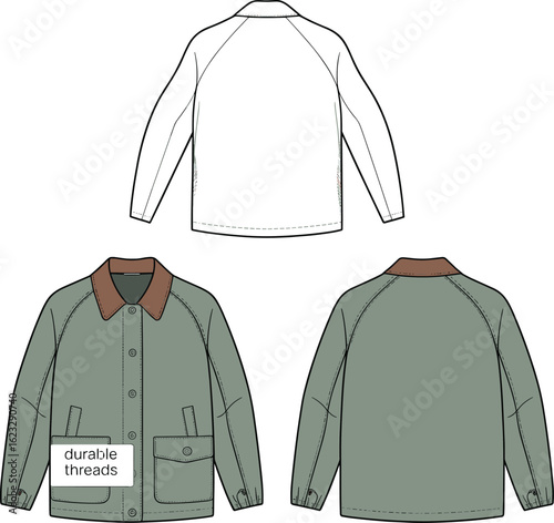 Men’s chore jacket technical flat – contrast collar, branded patch, flap pockets, button-up, CAD sketch, front and back view