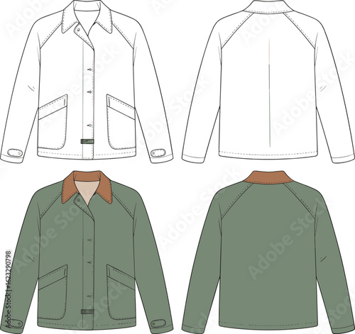 Men’s utility work jacket flat sketch – contrast collar, patch pockets, button front, technical fashion drawing, front and back view