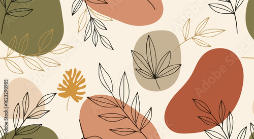 Elegant bohemian seamless pattern featuring line art foliage and abstract organic forms in a warm, earthy color palette.