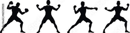 Silhouettes of a boxer in a dynamic fighting and punching sequence, representing movement, training, combat, and athleticism in sports design