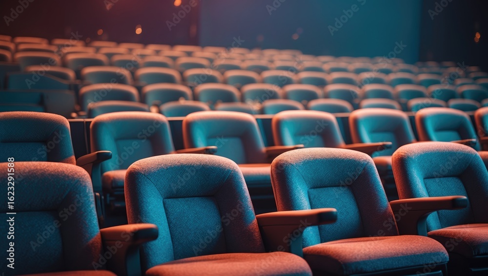 Rows of empty auditorium seats arranged in a theater setting with soft lighting. Rows of empty auditorium seats arranged in a theater setting with soft lighting.