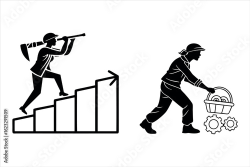 Silhouette of a man with shopping cart and suitcase in vector illustration
