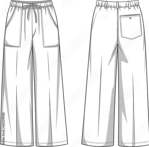 Women’s wide-leg pants technical flat sketch – front and back view with drawstring waist, patch pockets, and relaxed silhouette
