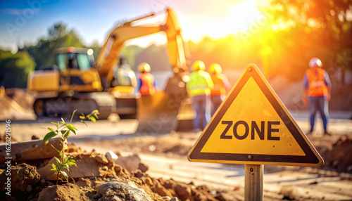 Construction zone warning sign in foreground with blurry bulldozer and workers in background, bright sunlight