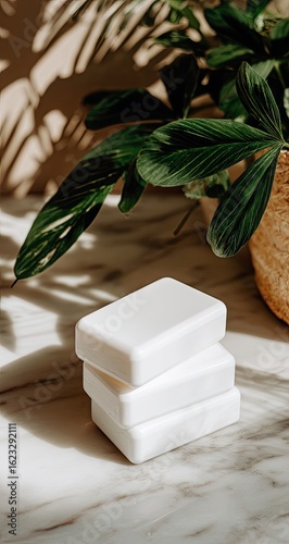 Wallpaper Mural White soap bars stacked on a marble surface, with tropical foliage and shadows Torontodigital.ca