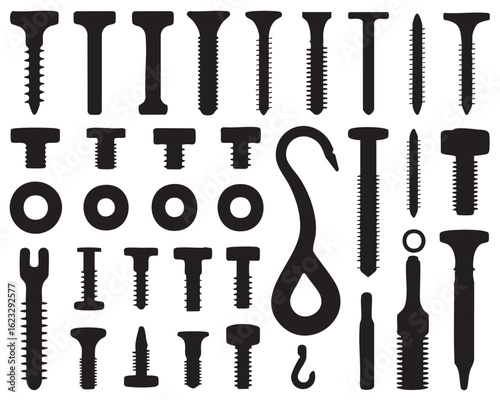 Black and white silhouette collection of various screws bolts washers and hooks hardware