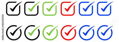 Iconic Checklist Marks: A collection of essential checkmark icons, offering a clean and versatile set of symbols for indicating choices or completion. Perfect for digital interfaces and design needs.