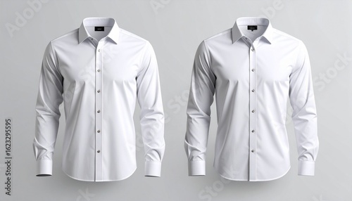 A pair of classic white long-sleeved dress shirts presented as a blank mockup on a clean background. Formal business attire for men.