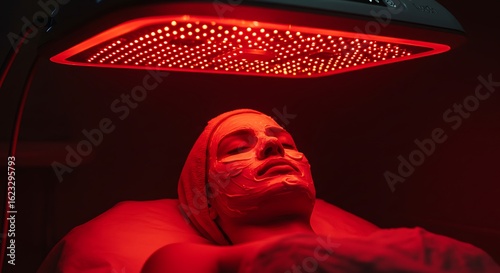 A woman receiving red light therapy treatment for skin rejuvenation.