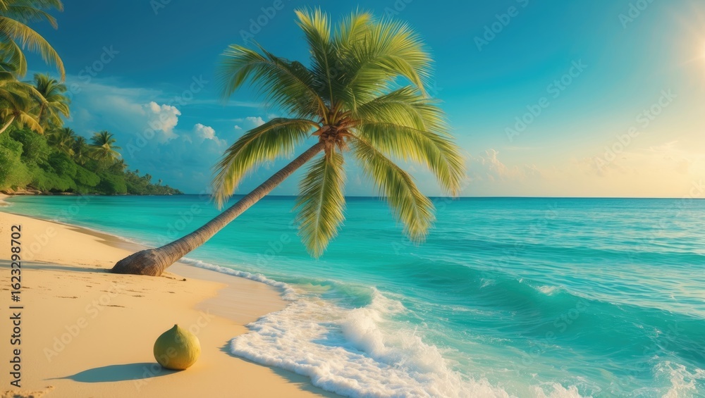 Obraz premium Tropical beach scene with a leaning palm tree and coconut on golden sand, turquoise ocean, and blue sky with clouds.