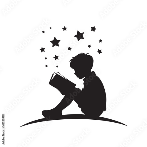 Black silhouette of a boy reading a book with stars vector