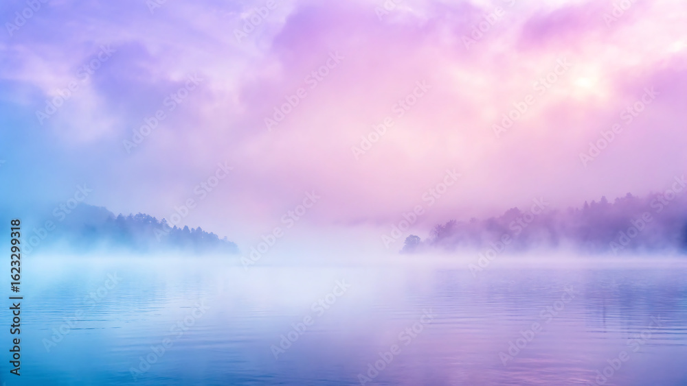Fototapeta premium Dreamy pastel dawn mist blankets serene lake with tranquil forest silhouettes creating peaceful ambiance