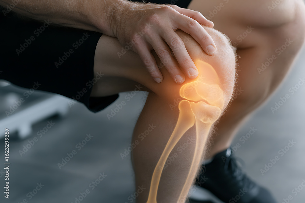 Fototapeta premium Knee Pain: A man with discomfort, holding his knee. Joint health concept, highlighting skeletal structure. Common knee injuries and treatment.