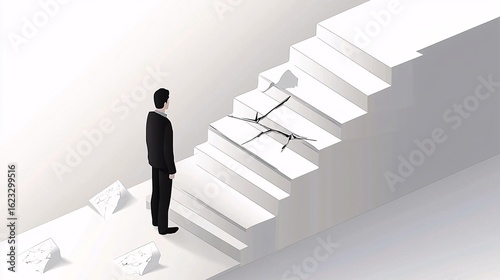 businessman standing beside a broken, minimalist railing on a staircase where steps are clearly unstable, emphasizing failed financial systems and the lack of support during a recession. businessman, 
