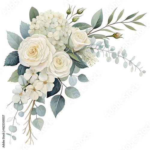 Watercolor white roses and eucalyptus floral arrangement