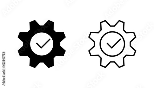 Easy to install vector line icon isolated on white background. Abstract technical symbol for simple installation, gear pictogram with check mark, hassle free mending emblem
