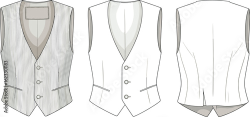 Men’s vest fashion sketch, striped and plain design, V-neck button front, sleeveless template, garment construction, tailoring illustration