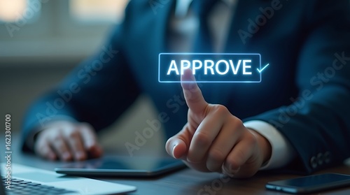 Business Decision: A close-up shot capturing the decisive moment of a business professional interacting with a digital Approve button, symbolizing approval and success. 