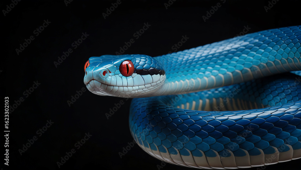 Obraz premium Striking Blue Pit Viper with Intense Red Eyes on Black Background Captivating Reptilian Portrait Close Up View Exotic Snake