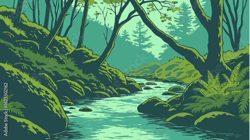 Serene teal stream winding through mossy rocks and lush greenery