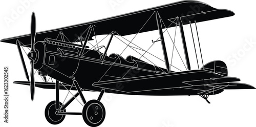 Black vector silhouette of vintage biplane aircraft with twin wings, propeller, open cockpit, classic aviation design, minimalist illustration