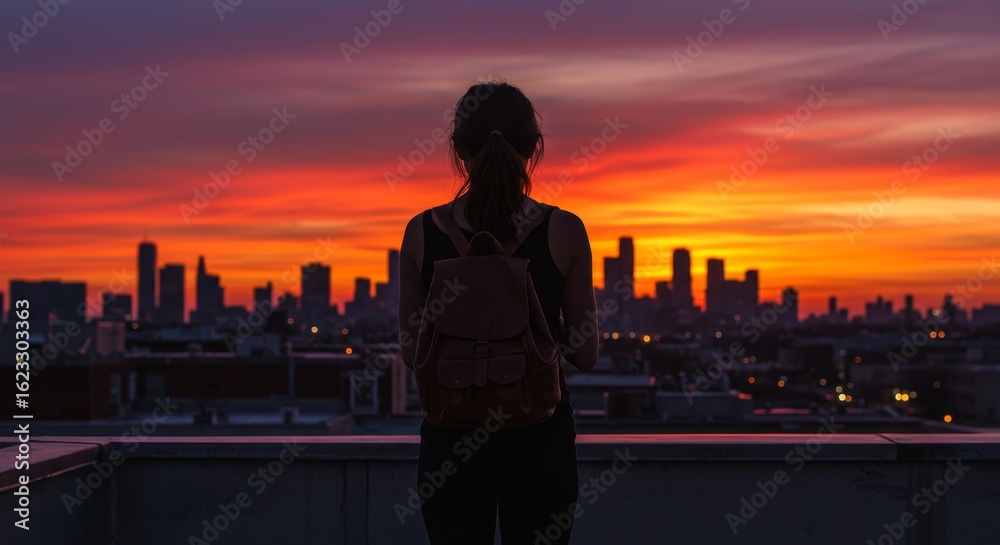Fototapeta premium A contemplative traveler observes the vibrant cityscape painted by a fiery sunset