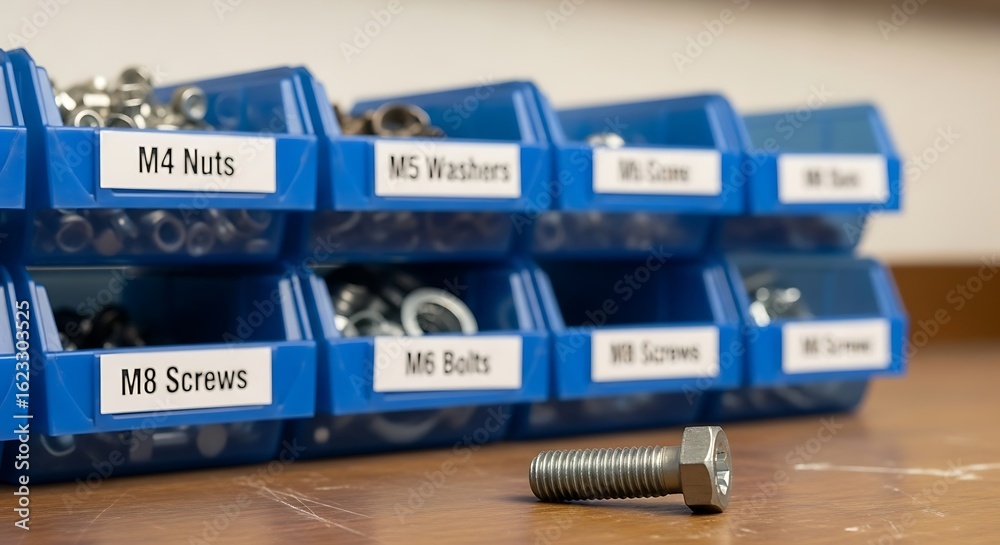 Obraz premium Workshop organization concept with labeled blue bins for storing various hardware fasteners like bolts, nuts, and screws on a wooden bench
