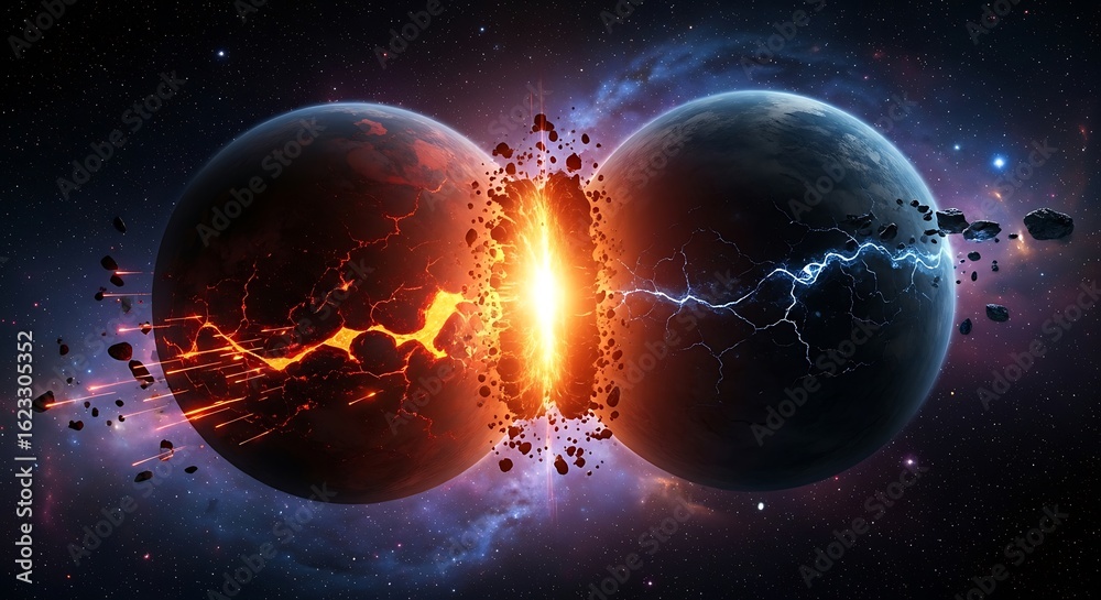 Fototapeta premium Two planets colliding in space, with fiery debris and lightning.