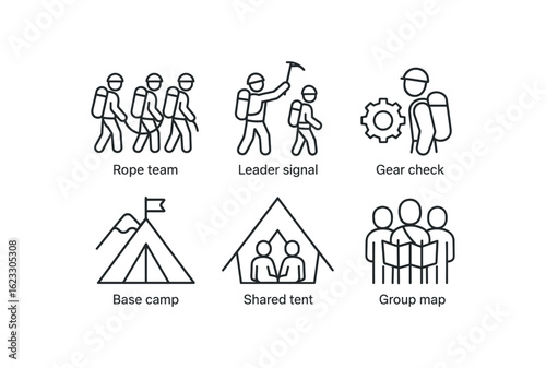 simple outline stroke icon items mountaineering (teamwork): rope team leader signal gear check base camp shared tent group map monoline icons style isolated on white background