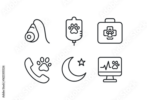 simple outline stroke icon items veterinarian (emergency care): oxygen mask IV bag trauma case urgent call night shift pet monitor monoline icons style isolated on white background