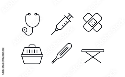 simple outline stroke icon items veterinarian (tools): stethoscope syringe bandage pet carrier thermometer exam table monoline icons style isolated on white background