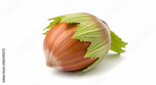 A single fresh hazelnut in its green husk, detailed vector illustration isolated on white.