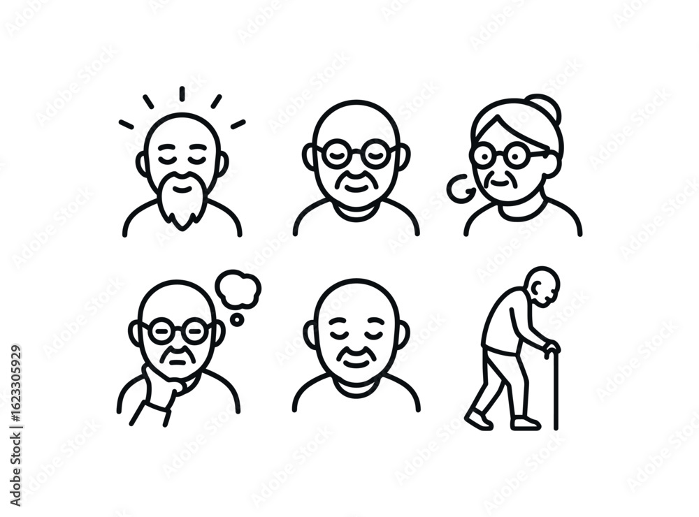 simple outline stroke icon items senior citizen (emotions): wisdom aura peaceful gaze gentle tone reflection thought content smile solitude walk monoline icons style isolated on white simple outline stroke icon items senior citizen (emotions): wisdom aura peaceful gaze gentle tone reflection thought content smile solitude walk monoline icons style isolated on white
