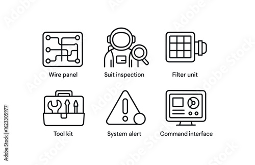 simple outline stroke icon items space station (maintenance): wire panel suit inspection filter unit tool kit system alert command interface monoline icons style isolated on white background