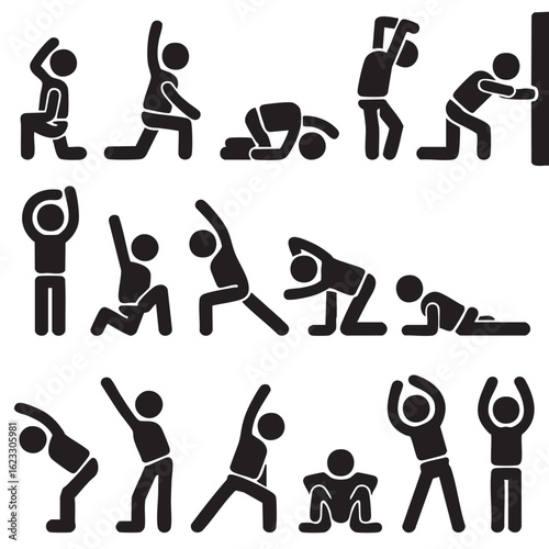 Collection of black and white stick figure icons depicting various fitness and stretching exercises yoga