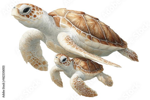 Watercolor Clipart, White background, ultra-detailed, hyper-realistic. A mother sea turtle and her baby in flight, in a beige color palette isolated on a transparent background in PNG format.