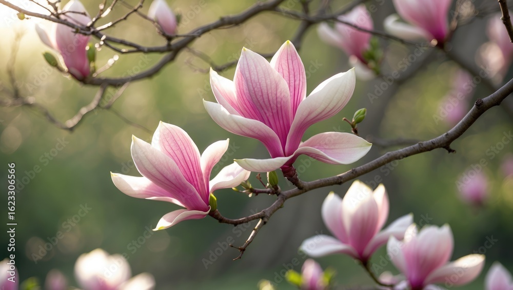 Fototapeta premium Magnolia flowers blooming on tree branch in spring.