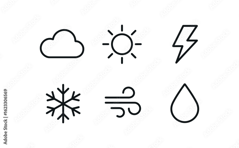 Fototapeta premium simple outline stroke icon items meteorologist (forecast icons): cloud sun lightning bolt snowflake wind swirl raindrop monoline icons style isolated on white background