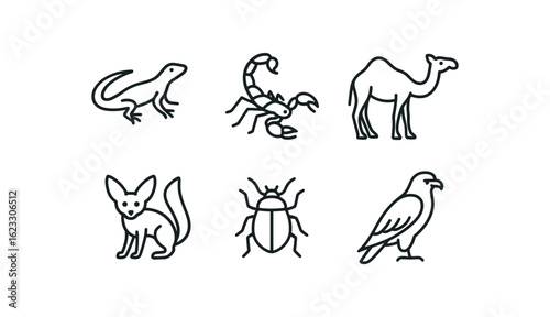 simple outline stroke icon items desert expedition (wildlife): lizard scorpion camel desert fox beetle hawk monoline icons style isolated on white background