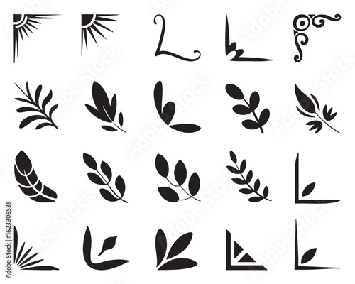 Collection of black decorative corner elements and botanical motifs border flourish