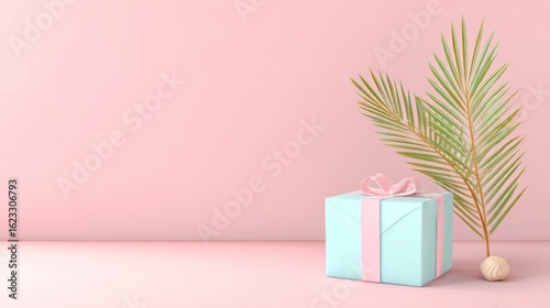 Light blue gift box with pink ribbon, tropical palm leaf on a pastel pink background.