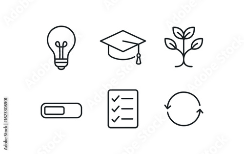 simple outline stroke icon items simple outline stroke icon itemsuctional design (symbols): lightbulb graduation cap knowledge tree progress bar checkmark list feedback loop monoline icons