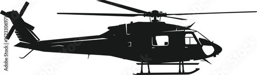 Helicopter silhouette in side view with visible cockpit, rotor blades, and landing skids, black-and-white vector for aviation or transport themes