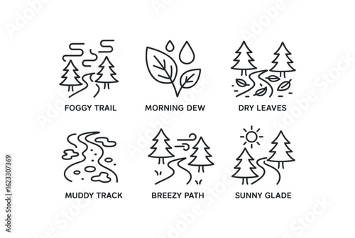 simple outline stroke icon items forest trail (conditions): foggy trail morning dew dry leaves muddy track breezy path sunny glade monoline icons style isolated on white background
