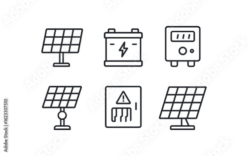 simple outline stroke icon items solar power engineer (equipment): photovoltaic cell battery pack control unit solar tracker switchboard panel mount monoline icons style isolated on white