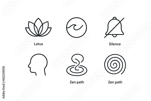 simple outline stroke icon items meditation retreat (symbols): lotus icon peace wave breath circle silence bell open mind zen path monoline icons style isolated on white background