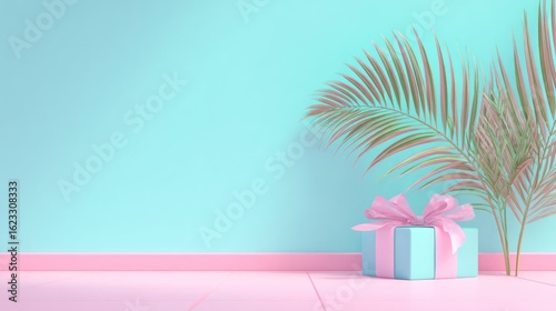 Pastel-toned gift box with tropical foliage on a pale background.